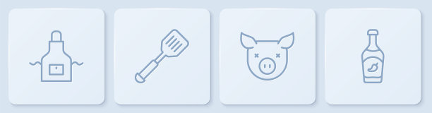 厨房围裙，猪，抹刀和番茄酱瓶。白色正方形按钮。向量图片下载