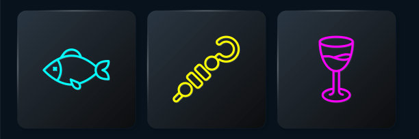 鱼线，酒杯和烤肉串。黑色方形按钮。向量图片下载