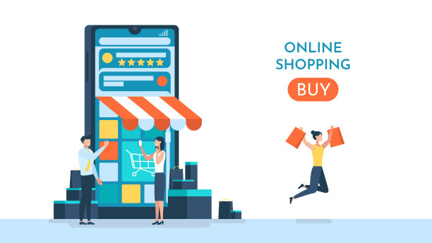 在线购买。卡通设计。手机网上购物应用概念说明及数字营销推广。智能手机与商店购物车图标在水平视图。矢量图图片下载