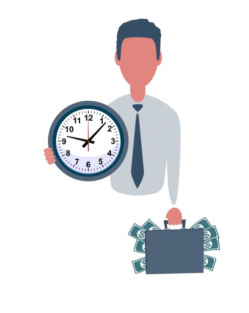 拿着装有钱和钟的手提箱的商人或职员。男性角色在简单的风格与对象，平面矢量插图。经营理念图片下载