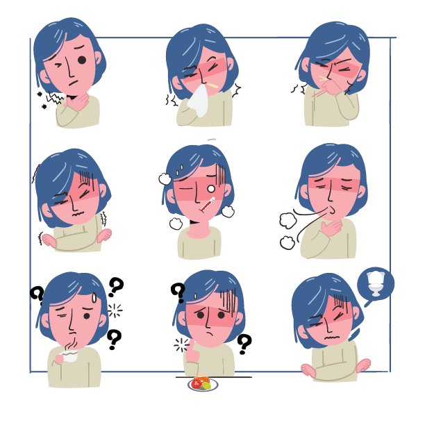 设定女人生病的症状。她咳嗽、疲劳，而且胸痛。冠状病毒图片下载