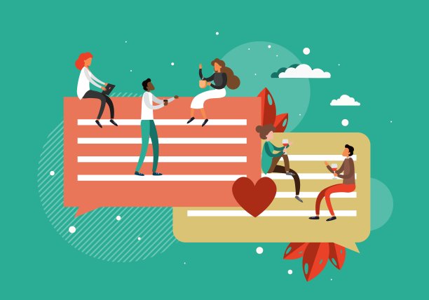 聊天信息泡泡和人们在线聊天，喝咖啡，红酒，平面矢量插图。对话框。演讲泡沫。图片下载