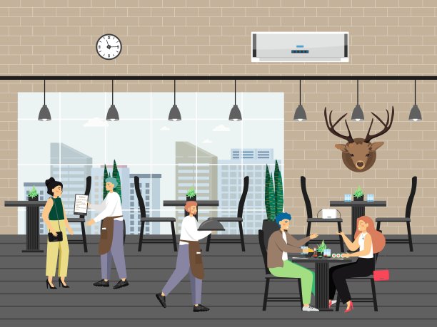 人在餐厅，平面矢量插画。服务员给菜单，点菜，上菜。等待工作人员图片下载