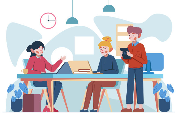 同事在协同工作空间平面手绘矢量图图片下载
