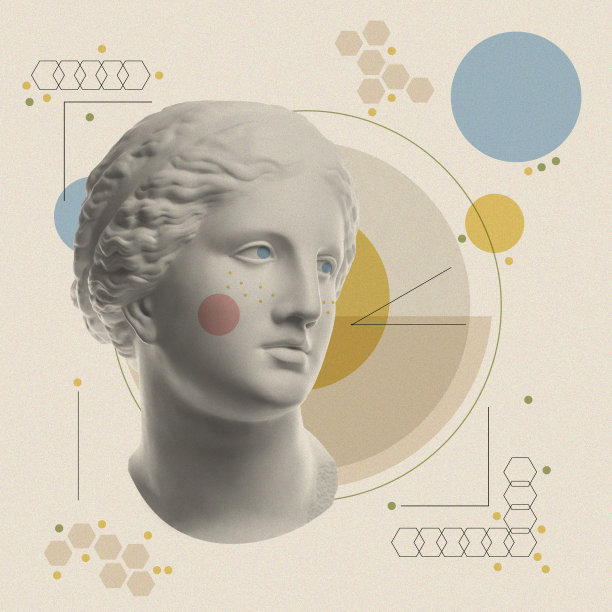 艺术拼贴用古代雕塑维纳斯的脸和数字，几何形状。美丽、时尚、健康为主题。科学、研究、发现、技术概念。电子杂志的文化。波普艺术风格。图片下载