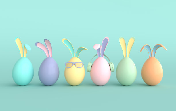 彩色的复活节彩蛋与兔子耳朵在绿色的背景。复活节快乐大狩猎，销售横幅，模型模板。宗教四月假日——复活节。可爱的兔子蛋与太阳眼镜和耳机3d渲染图片下载