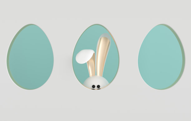 带有兔子背景的白色复活节彩蛋。复活节快乐大狩猎或销售横幅，模型模板。四月假日——复活节。可爱的兔子，鸡蛋3d渲染图片下载
