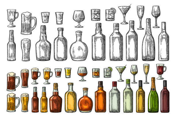 设置玻璃和瓶装啤酒，威士忌，葡萄酒，杜松子酒，朗姆酒图片下载