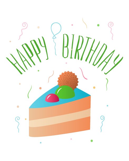 贺卡。模板与字母生日快乐和一块蛋糕与糖果和饼干。彩色插图，祝贺你。图片下载