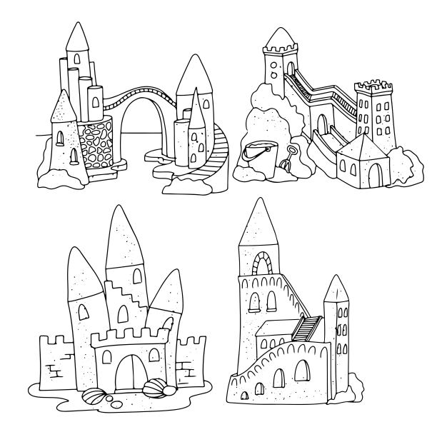 设置沙堡矢量插图孤立的白色背景。简单的插图着色书图片下载