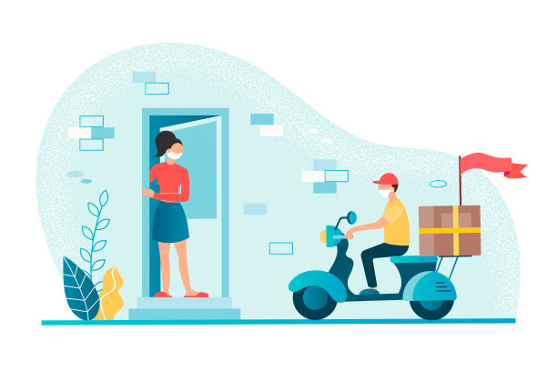 一位妇女站在家门口等着快递员骑着摩托车送来的包裹图片下载