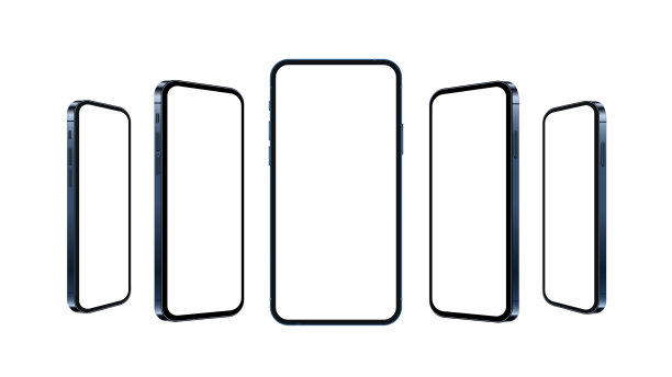 3D智能手机模型孤立与白色空屏幕。蓝色逼真手机模板，新款12款。站在桌子上的概念，展示你的网页或应用程序设计，矢量插图。素材图片