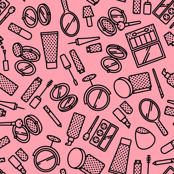 矢量无缝模式的化妆品元素与平面线图标在粉红色的背景图片下载