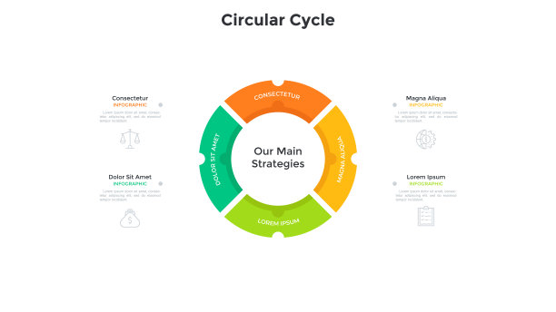 圆形饼图分为4个彩色部分。企业发展周期概念分为四个阶段。现代信息图形设计模板。最小平面矢量图的演示。图片下载