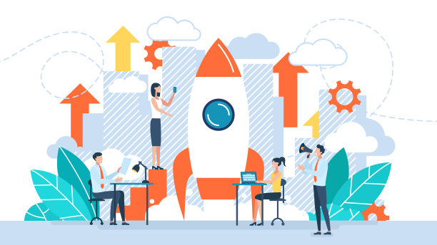 启动新的商业项目。开发过程。创新产品，创意理念。经营插画的人正在建造宇宙飞船火箭。创业团队的凝聚力图片下载