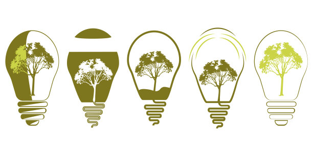 绿色的灯泡。一套创意灯具。生态球茎内置树木，绿色生态理念。生态绿色能源理念。向量图片下载