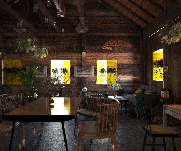 咖啡馆餐厅内部的3d渲染图片下载