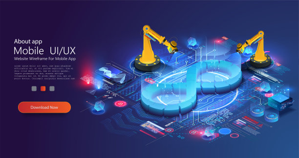 Devops横幅。开发操作，软件生产和管理的连续过程。生命周期、无限符号和机器人操纵器的全息图。编码构建测试监控图片下载