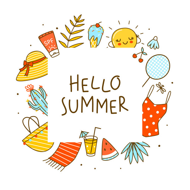 框架背景与可爱的夏季项目孤立在白色-卡通对象快乐的海滩设计-泳衣，拖鞋，太阳镜，奶油，包，垫子，羽毛球拍，羽毛球，柠檬水，冰淇淋，水果图片下载