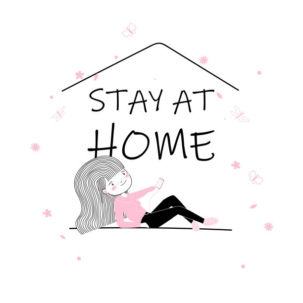 可爱的小学生女孩玩听音乐在呆在家里和安全标志。粉红色和卡通风格。t恤印花，回到学校，矢量设计图片下载