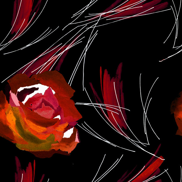 红玫瑰水彩上抽象的黑色背景无缝图案。图片下载