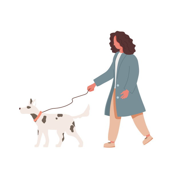 快乐的女孩遛狗。彩色矢量平面插图孤立的白色背景图片下载
