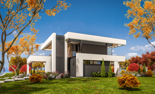 3d渲染现代住宅豪华风格在秋天的一天图片下载