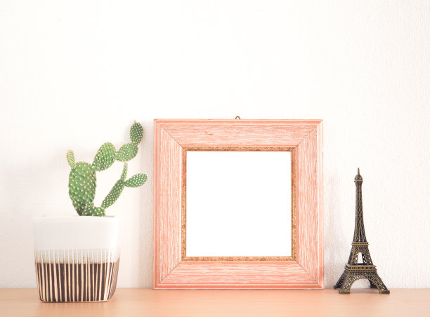 木质相框和仙人掌，艾菲尔铁塔木质架子上，白色墙壁为背景。图片下载