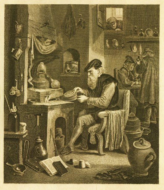 炼金术士。在实验室工作的中世纪科学家|古董历史插图图片下载