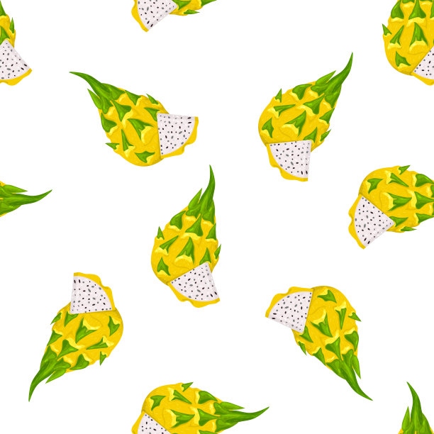 无缝图案，鲜整块和切块的黄色火龙果孤立在白色背景上。夏日水果，健康生活方式。有机水果。卡通风格。矢量插图为任何设计。图片下载