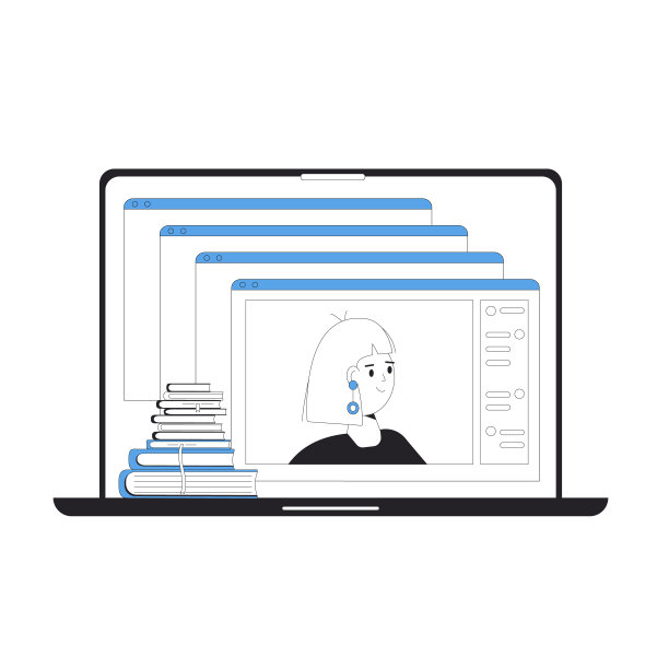 在线教育车间。数字化学习。老师在电脑屏幕上讲课。网络研讨会或在线视频培训。矢量颜色线艺术插图。图片下载