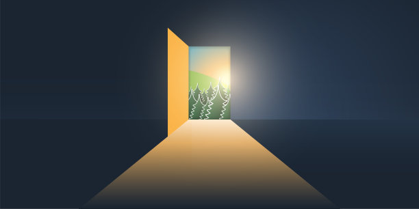 黑暗的房间，通过打开的门的景观图片下载