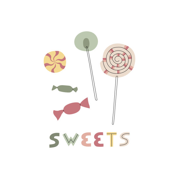 糖果矢量字体。手绘彩色插图与棒棒糖和糖果。在白色背景上隔离图片下载
