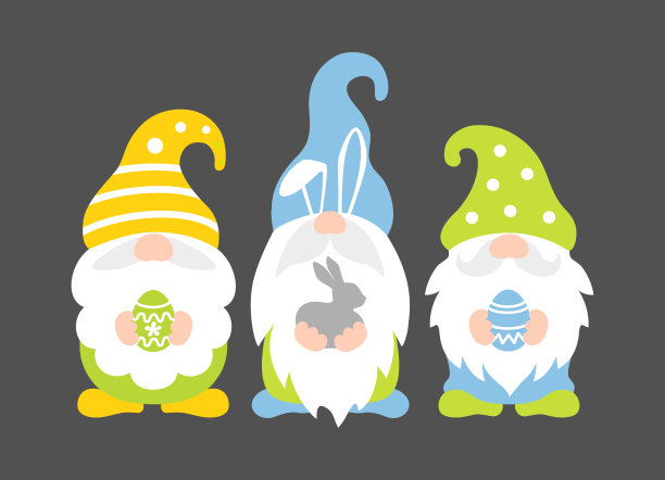 复活节地精拿着兔子和蛋。向量。图片下载