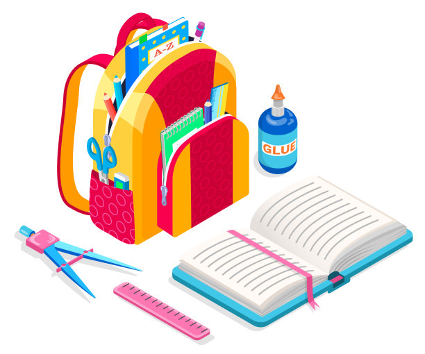 书包，课本，书和尺子，胶瓶图片下载