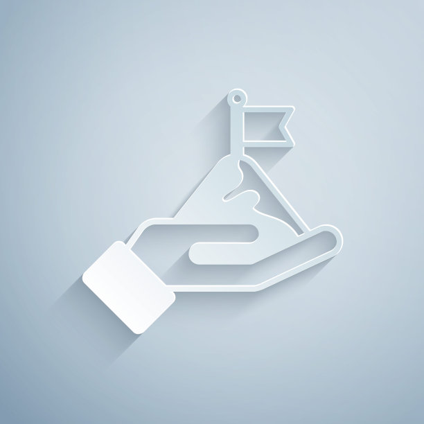 剪纸山与旗帜在顶部图标孤立在灰色背景。象征胜利或成功的概念。目标的成就。纸艺术风格。向量图片下载