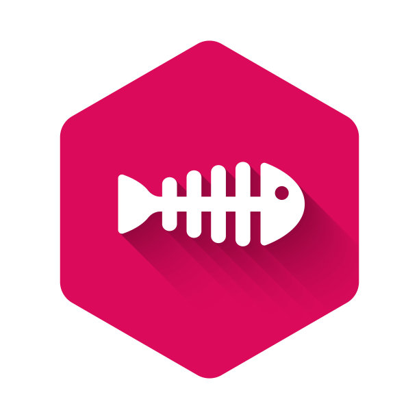 白鱼骨架图标孤立与长阴影背景。鱼骨头的迹象。粉红色的六角按钮。向量图片下载
