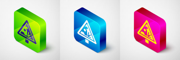 等距警告路标投掷石头材料图标孤立在灰色背景。17、交通规则，安全驾驶。方形按钮。向量图片下载