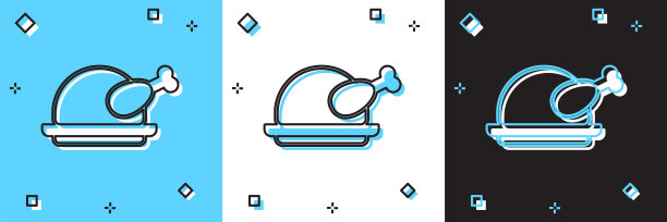 设置烤火鸡或鸡肉图标孤立在蓝色和白色，黑色的背景。向量图片下载