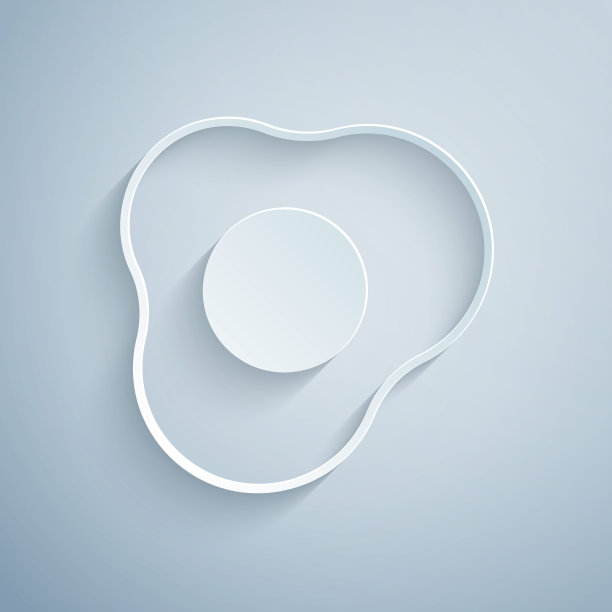 剪纸炒鸡蛋图标孤立在灰色背景。家常菜，煎蛋，健康早餐，煎蛋卷。纸艺术风格。向量图片下载