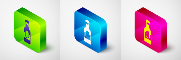 等距酒瓶图标孤立在灰色背景。方形按钮。向量图片下载
