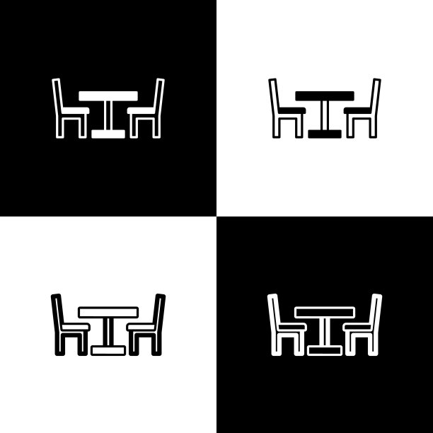 设置木桌与椅子图标孤立的黑白背景。街头咖啡馆。向量图片下载