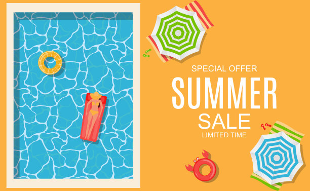 带有游泳池的夏季促销背景海报。矢量图图片下载