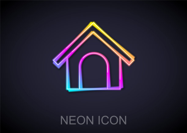发光的霓虹灯线狗的房子图标孤立在黑色的背景。狗窝。向量图片下载