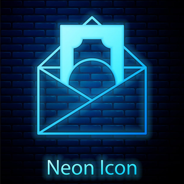 发光的霓虹灯信封与硬币美元符号图标孤立在砖墙的背景。加薪，工资，补偿收入。向量图片下载