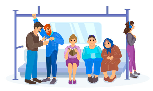 地铁地下轨道交通载客运输。乘客包括男女老人在公共交通工具内站立或坐着。载客列车车厢内部图片下载