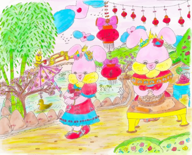 明亮的卡通粉红兔兔一家庆祝2021年中国新年图片下载