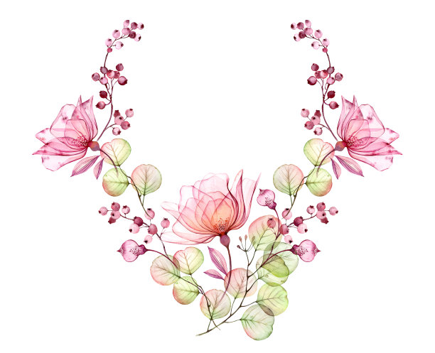 透明的玫瑰花环。水彩花卉插图。独立手绘安排与粉红色的花和浆果的婚礼设计，标志，文具卡图片下载