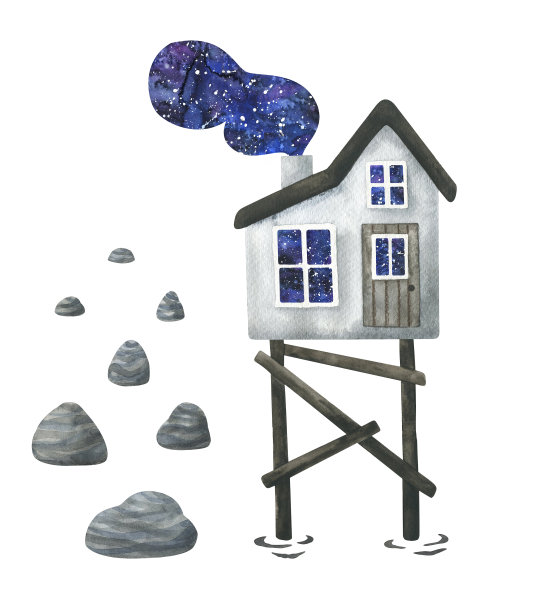 水上的房子。一组要设计的对象。作者的水彩插图。沼泽里一个与世隔绝的小屋。极简主义在白色背景上的印刷。空间吸烟。图片下载