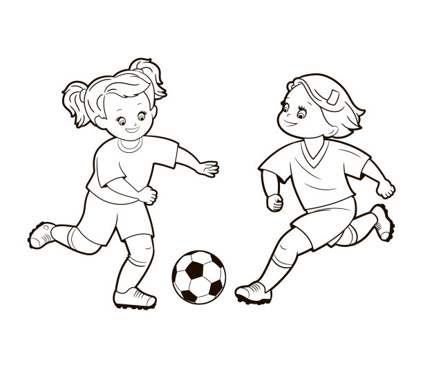 涂色书:十几岁的女孩踢足球踢足球。矢量插图卡通风格，孤立的黑白线艺术。图片下载